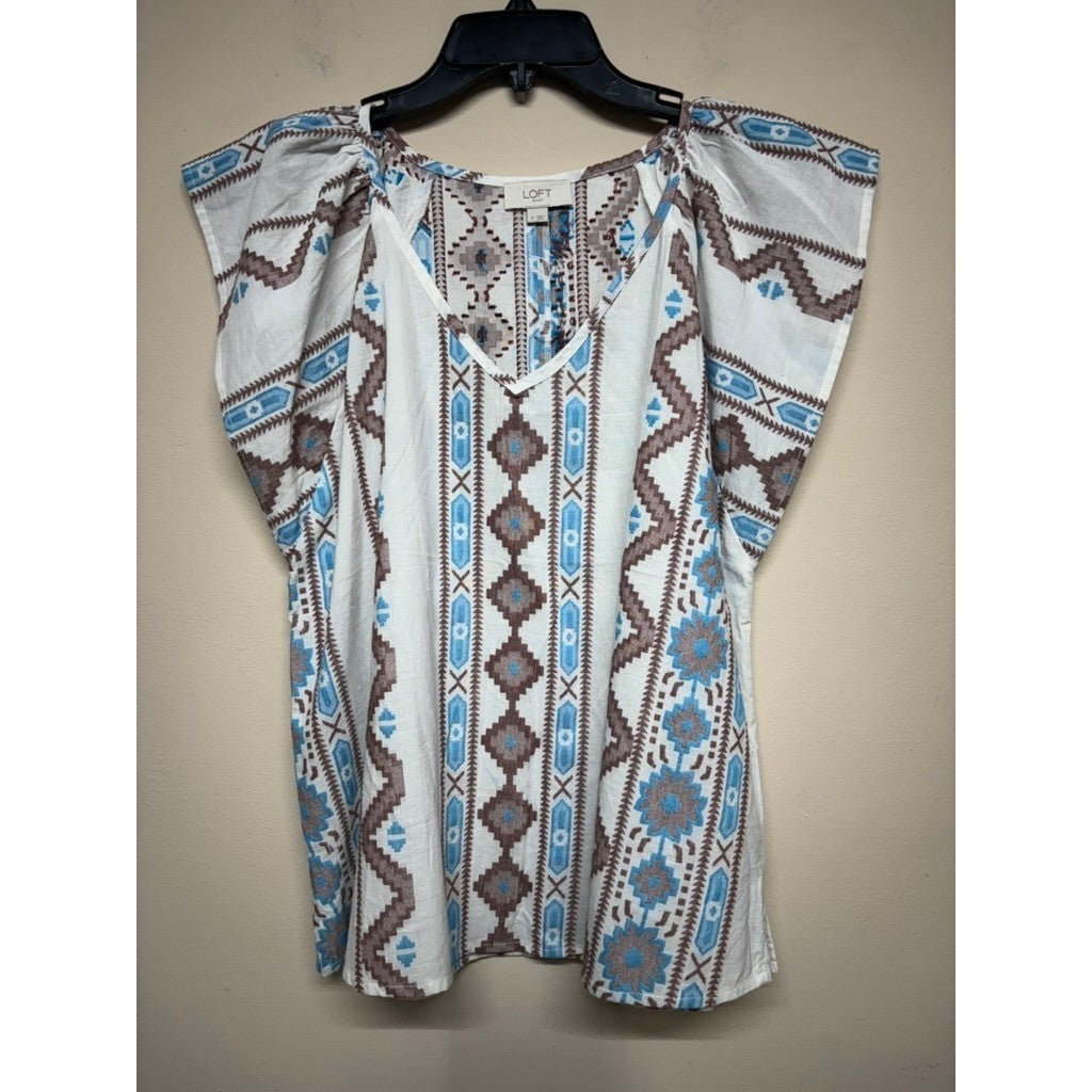 LOFT Outlet Top Womens Small Boho Aztec Print Cap Sleeve V Neck Blouse