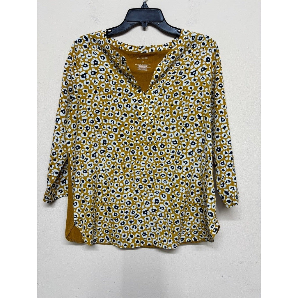 Van Heusen Mustard Floral V-Neck Blouse Women Medium 3/4 Sleeve Top Shirt casual