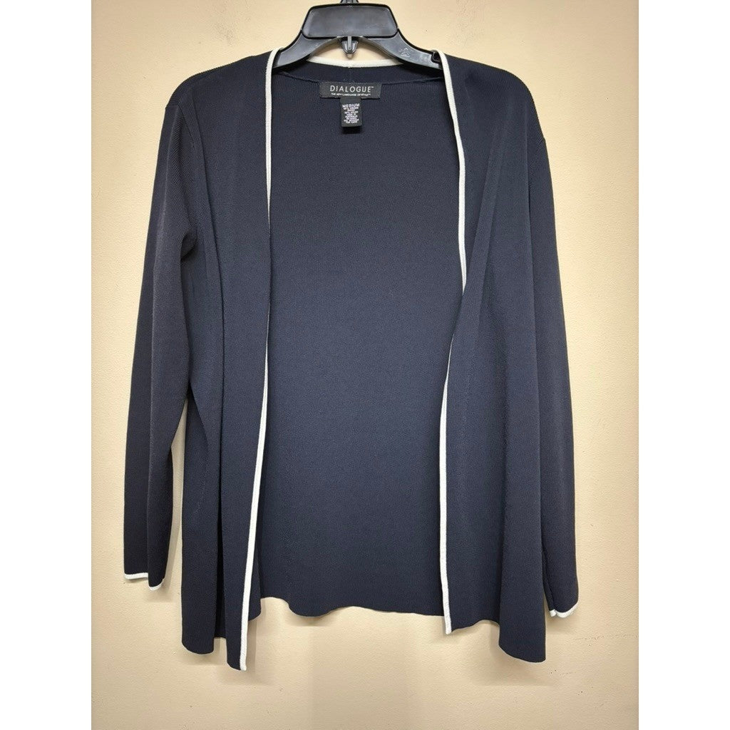 Dialogue Navy Open Front Cardigan Women's Medium White Trim Workwear Sweater