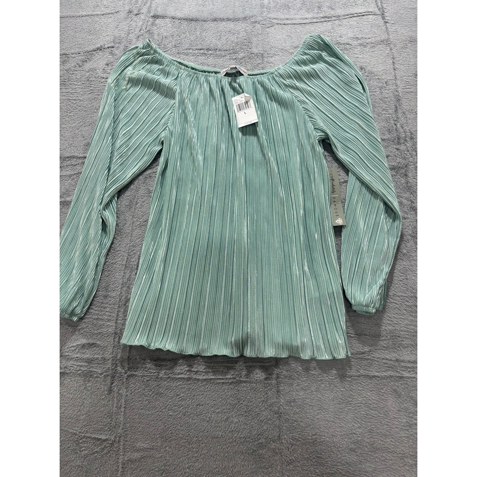 Almost Famous Mint Pleated Blouse Metallic Sheen Long Sleeve Boho Stretch Top