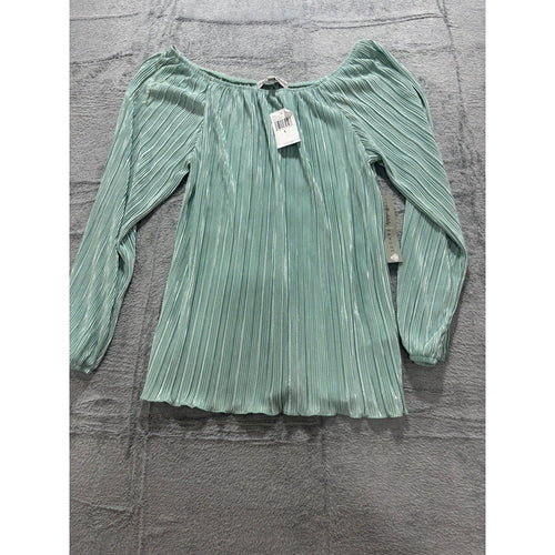 Almost Famous Mint Pleated Blouse Metallic Sheen Long Sleeve Boho Stretch Top