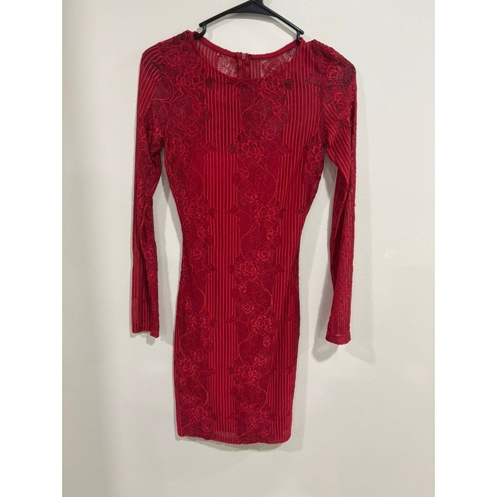 Red Lace Bodycon Mini Dress XS Long Sleeve Sheer Sexy Holiday Party Date Night