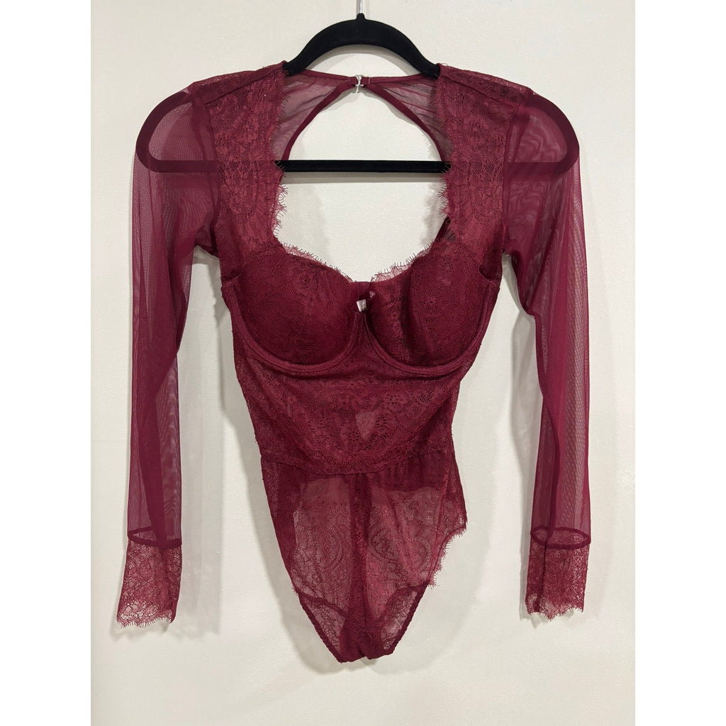Victoria's Secret 32C Burgundy Lace Bodysuit Sheer Mesh Lingerie Dark Feminine