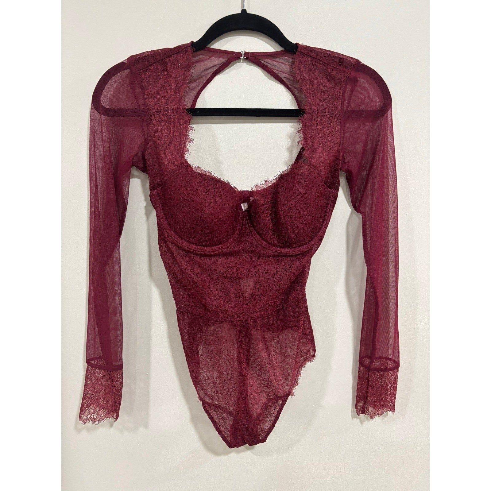 Victoria's Secret 32C Burgundy Lace Bodysuit Sheer Mesh Lingerie Dark Feminine