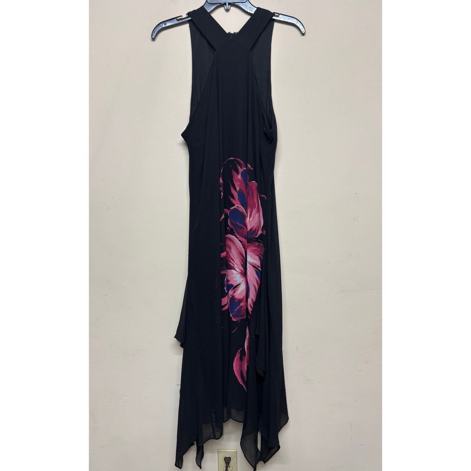 Jennifer Lopez Black Floral Asymmetrical Maxi Dress L Sleeveless Chiffon Dance