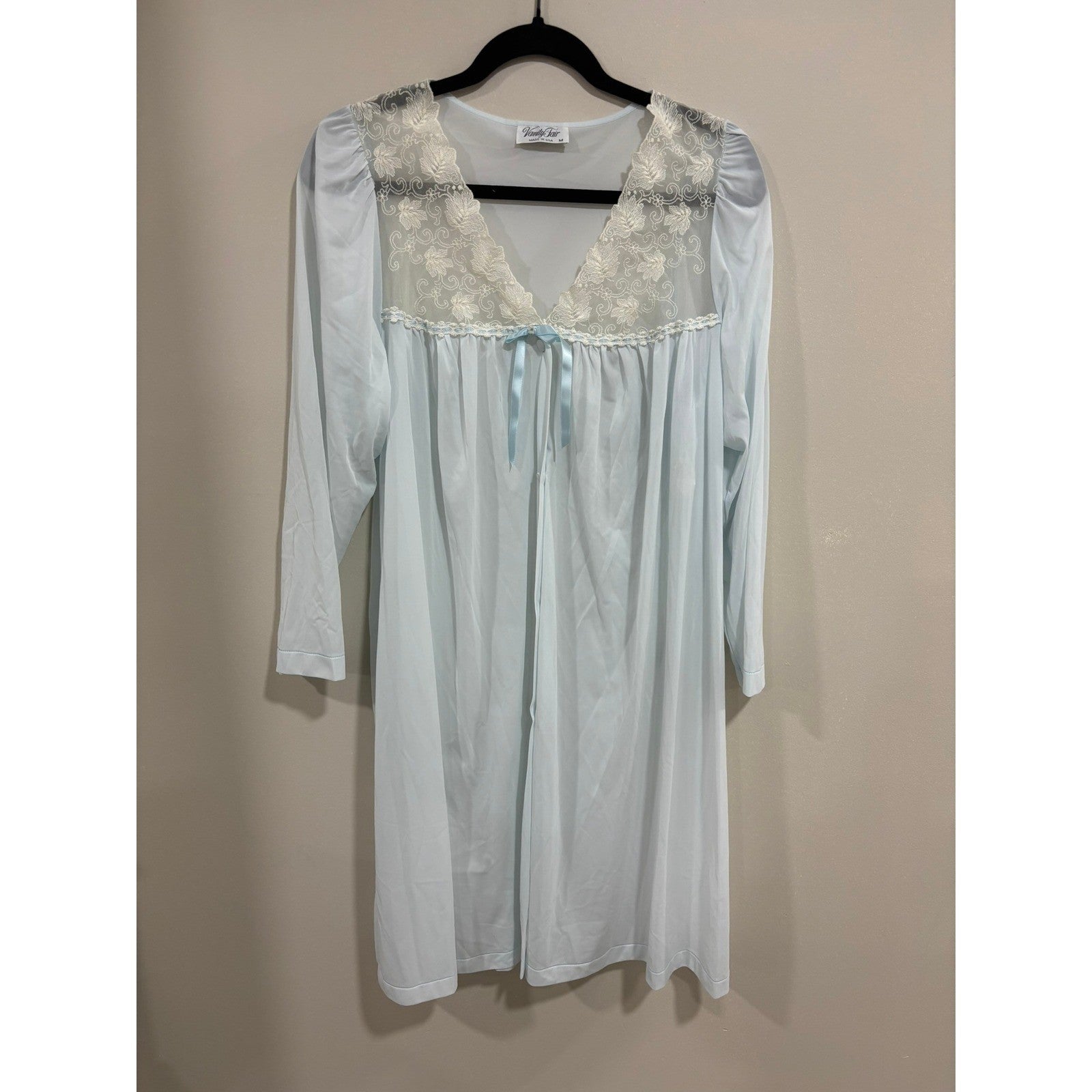 Vintage Vanity Fair Nightgown M Blue Lace Long Sleeve USA Romantic Feminine