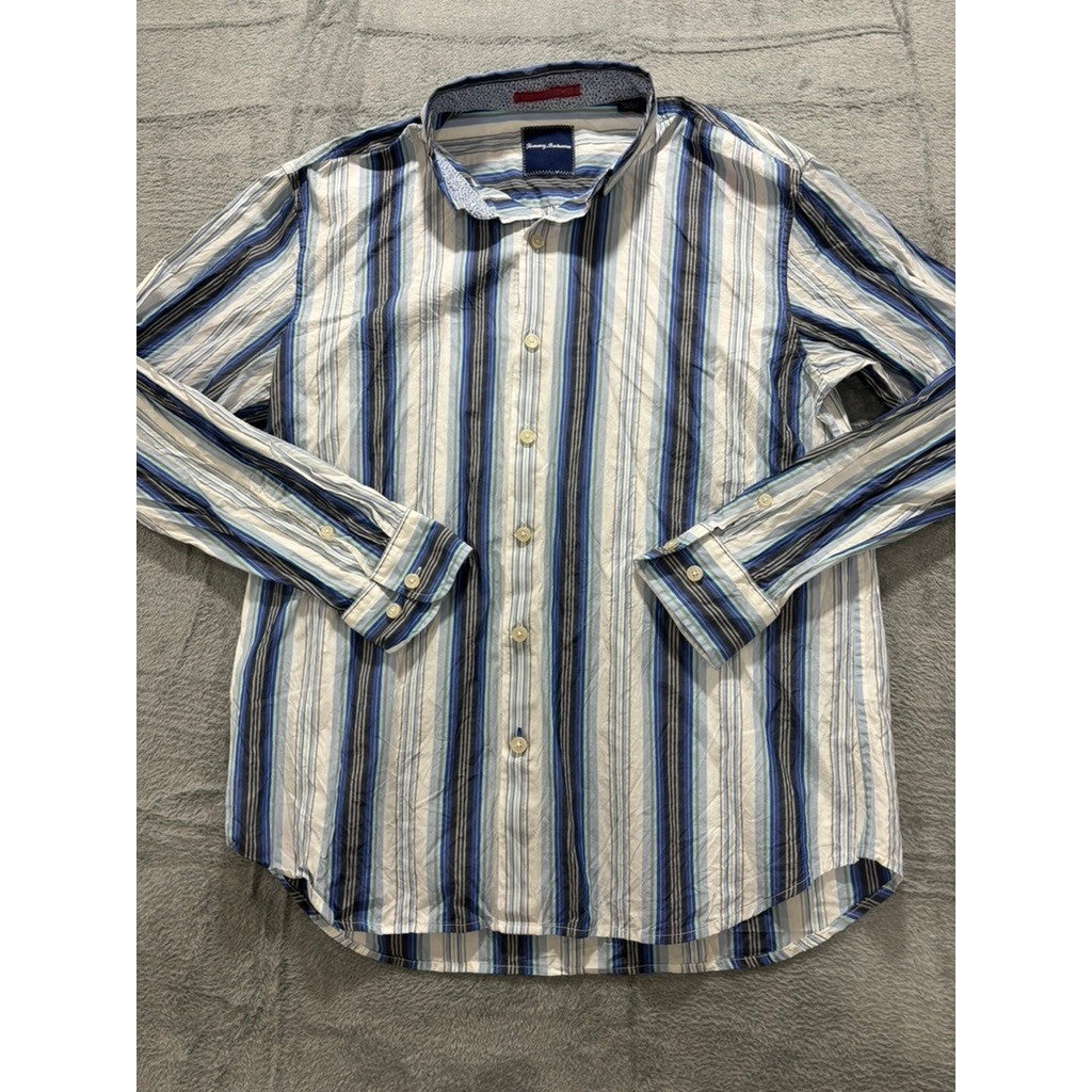 Tommy Bahama Shirt Mens Large Silk Blend Blue Stripe Button Down Casual