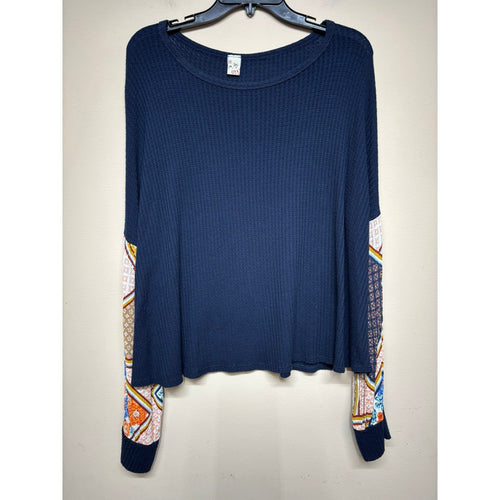 7th Ray Navy Waffle Knit Boho Top Womens Large Patch Sleeve Casual