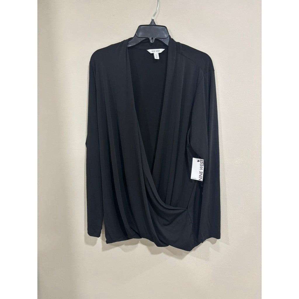 Nine West 2X Black Draped Wrap Blouse Long Sleeve Elegant Workwear Chic