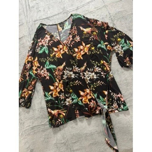 Worthington Blouse Womens 3X Floral Wrap Top Tie Waist V Neck Stretch Office