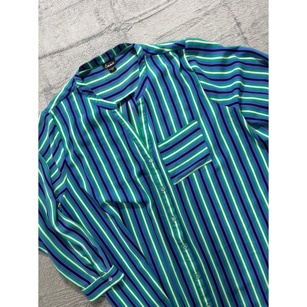 Simply Emma Striped Blouse Womens 2X Blue Green Button Front Plus Size Top