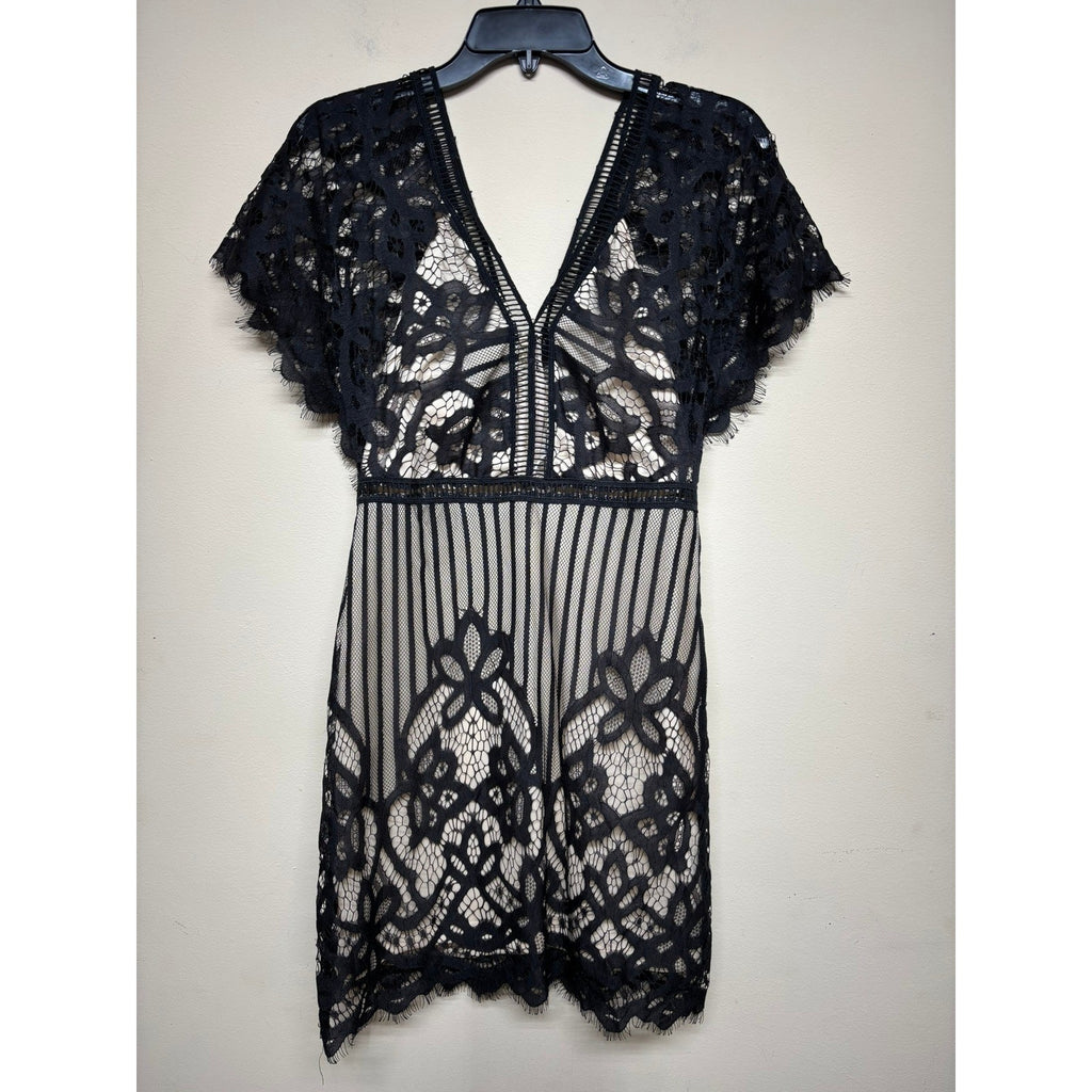 Boohoo Womens US 6 Black Lace V-Neck Mini Dress Sheer Overlay Party Dark Goth