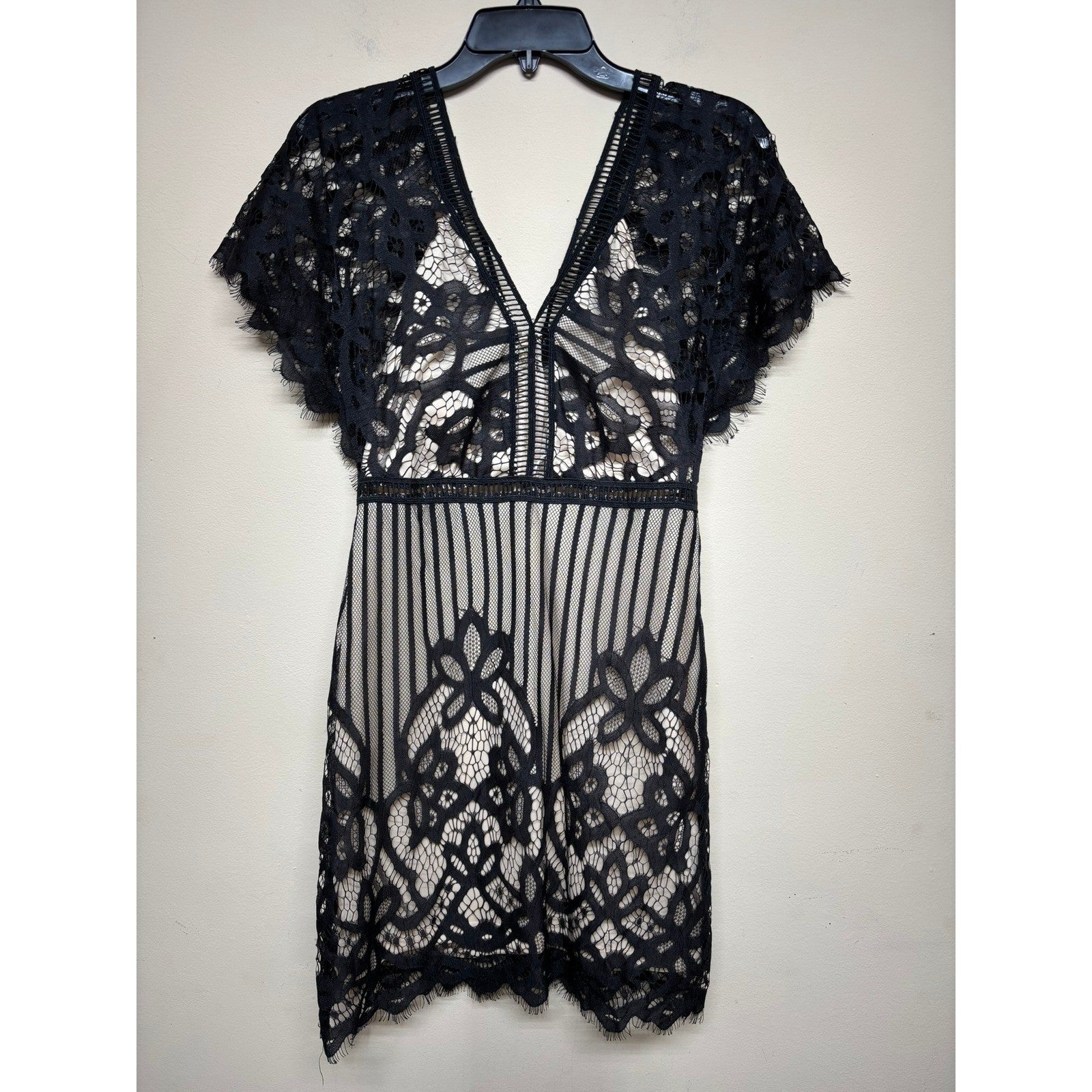 Boohoo Womens US 6 Black Lace V-Neck Mini Dress Sheer Overlay Party Dark Goth