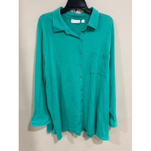 Belle Kim Gravel Teal Gauze Button Down Blouse Lightweight Top 1X Resort Casual