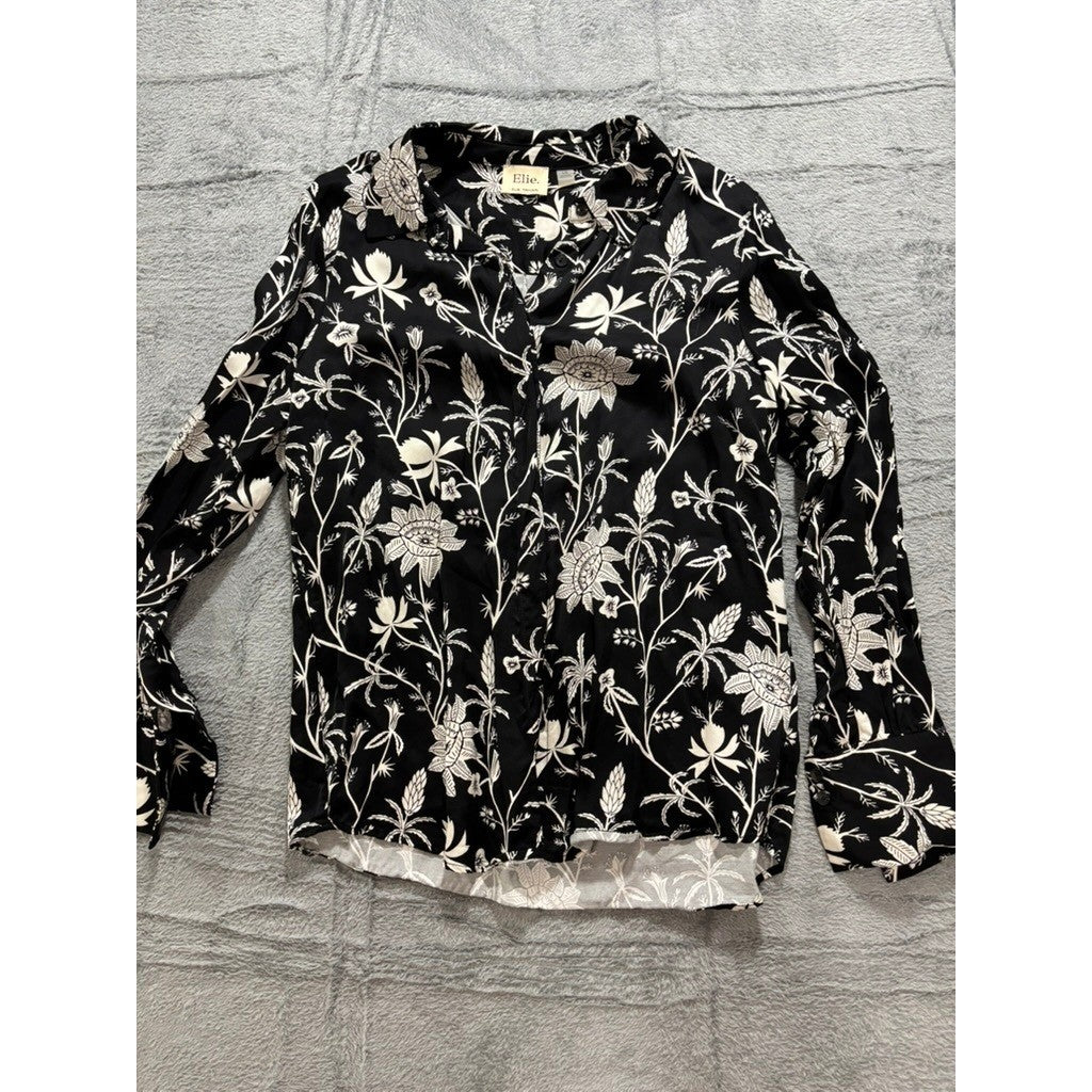 Elie Tahari Floral Button Front Blouse Womens Large Black White Coastal Vacation