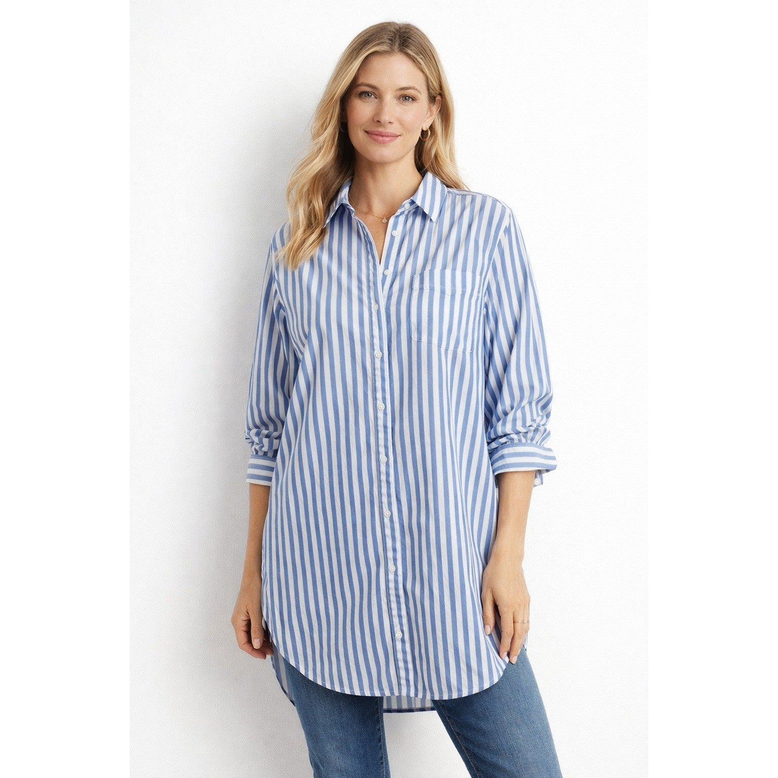 Lands' End Blue White Stripe Popover Blouse Size L 14–16 Cotton Top Relaxed