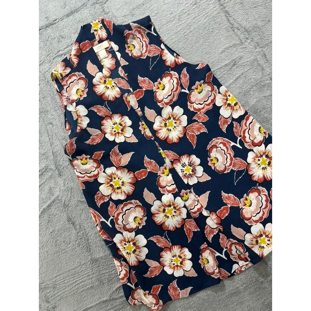 LOFT Floral Sleeveless Blouse Navy Pink Tank Top Lightweight Flowy Sz L