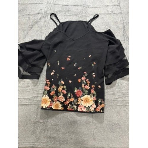 Floral Cold Shoulder Blouse Black Sheer Sleeve Dressy Top Flowing Sz 2XL