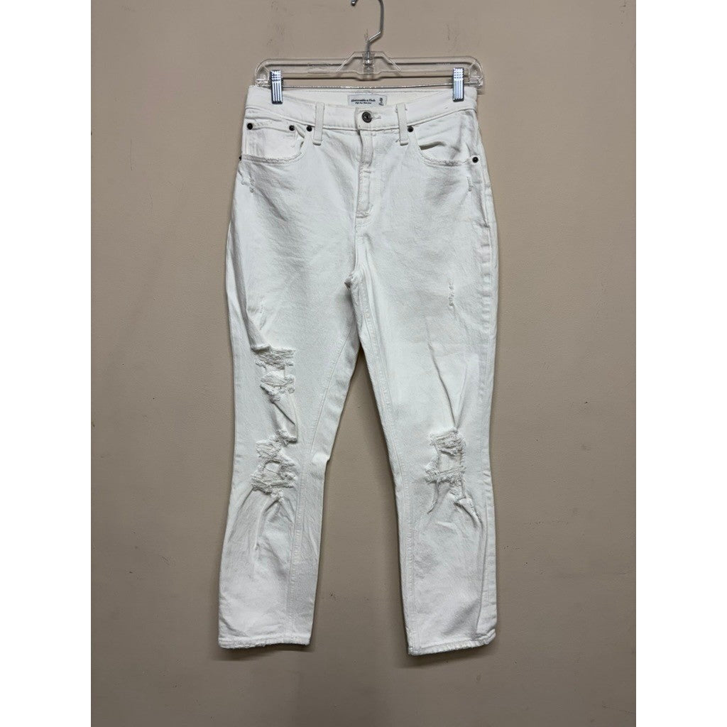 Abercrombie & Fitch High Rise Mom Jeans 26R Distressed White Denim