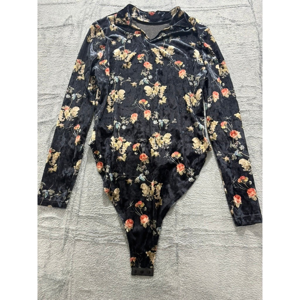 Cider Bodysuit Womens XL Floral Velvet Long Sleeve Grunge Y2K Stretch Top