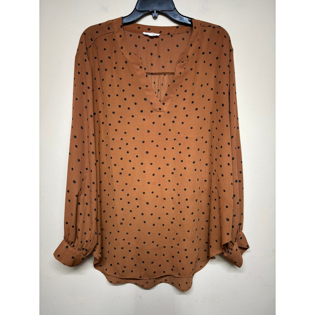 Maurices Womens XXL Brown Polka Dot Blouse Long Sleeve V-Neck Top Career Office