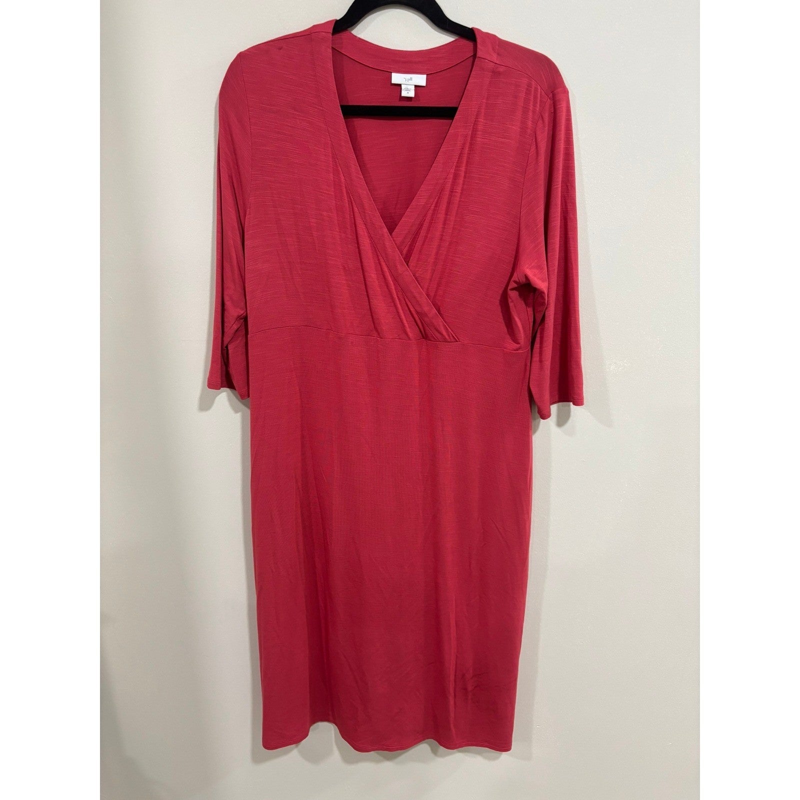 J Jill Wrap Midi Dress M Pink Coral Stretch V Neck Career Casual Coastal Minimal