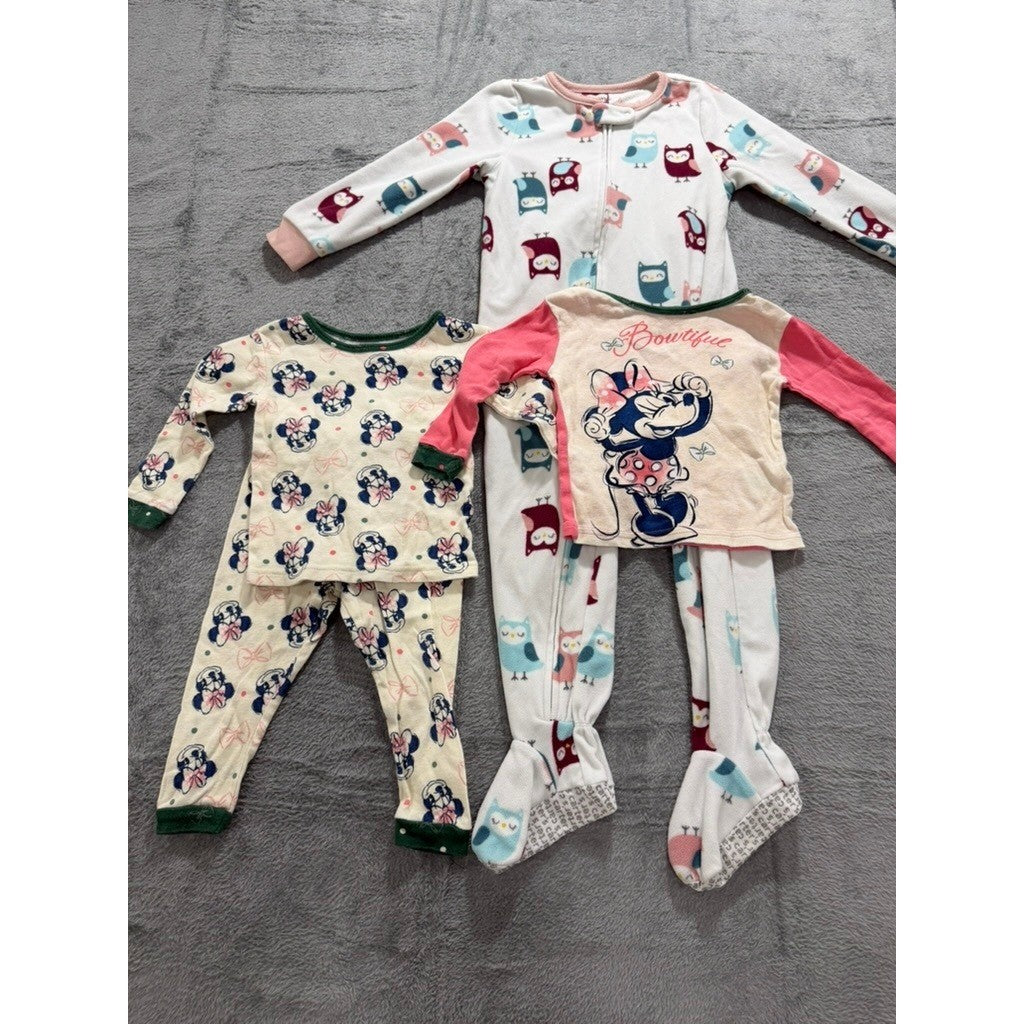 Disney Minnie Mouse 2T Pajama Set & Carters 3T Owl Fleece Footed Sleeper Bundle