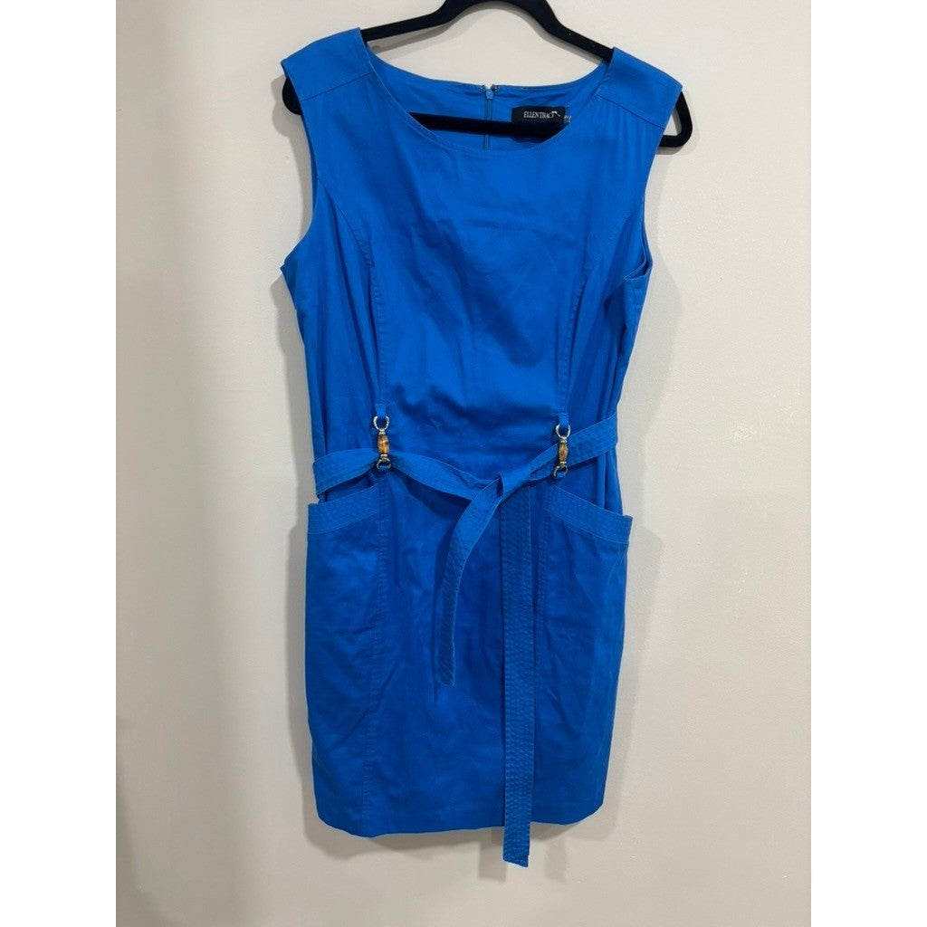 Ellen Tracy Blue Sheath Dress Belted Sleeveless Career Workwear 14 Elevated Chic