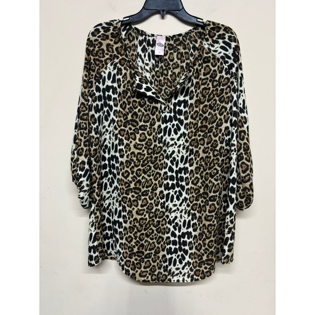 Pink Coconut Leopard Animal Print Boho Blouse V Neck Flowy Relaxed Top Med