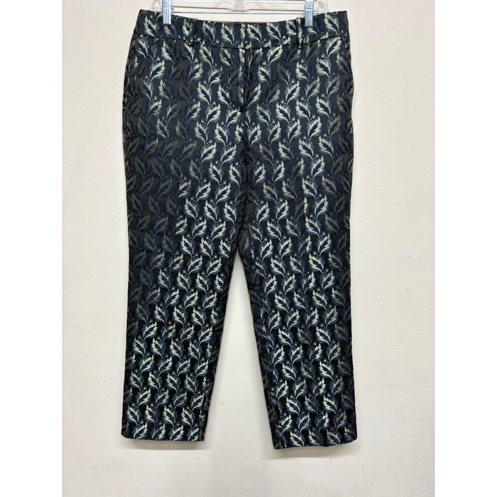 Ann Taylor Factory Jacquard Ankle Pants Womens 8 Navy Gold Pattern Office