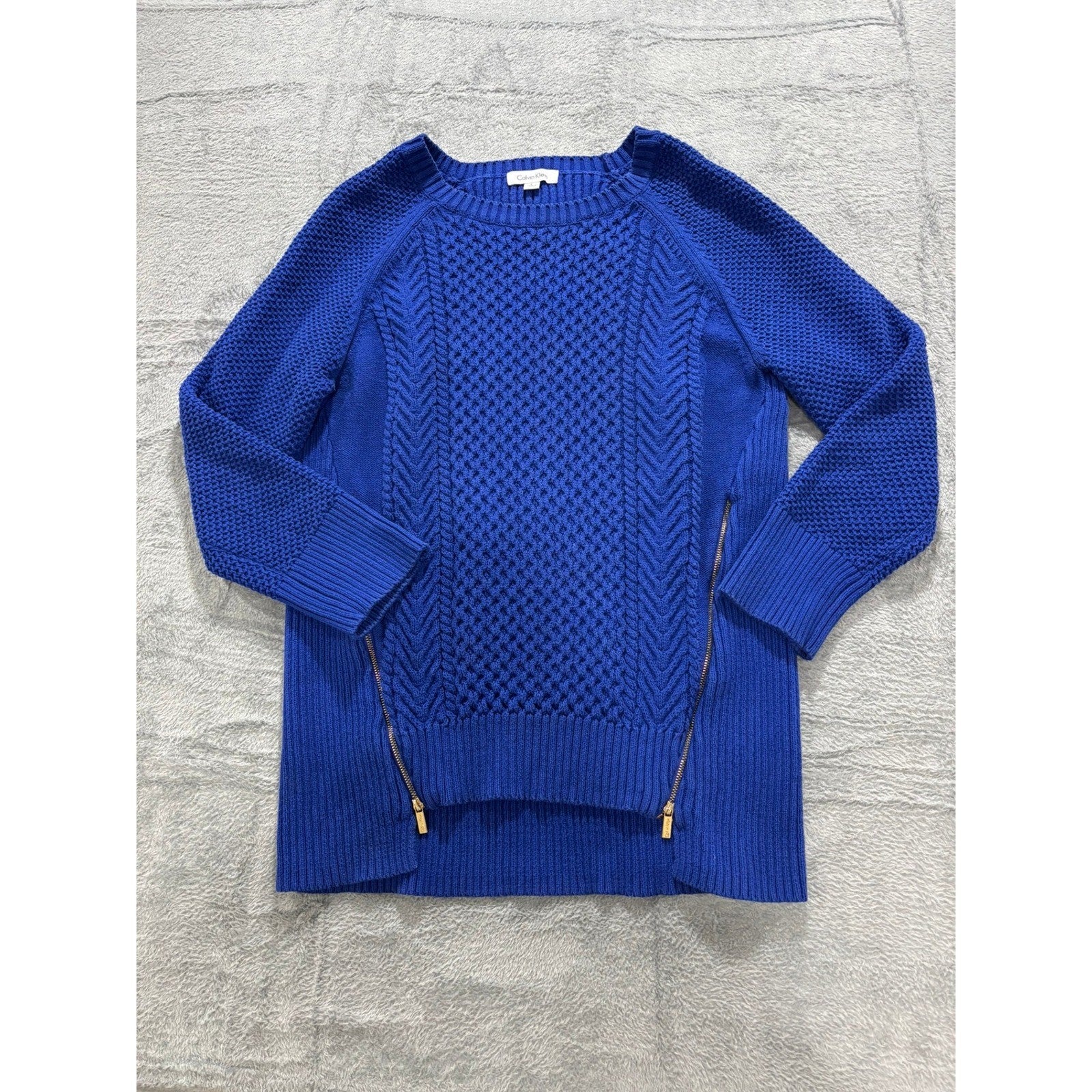 Calvin Klein Sweater Womens Medium Blue Knit Side Zip Textured Pullover