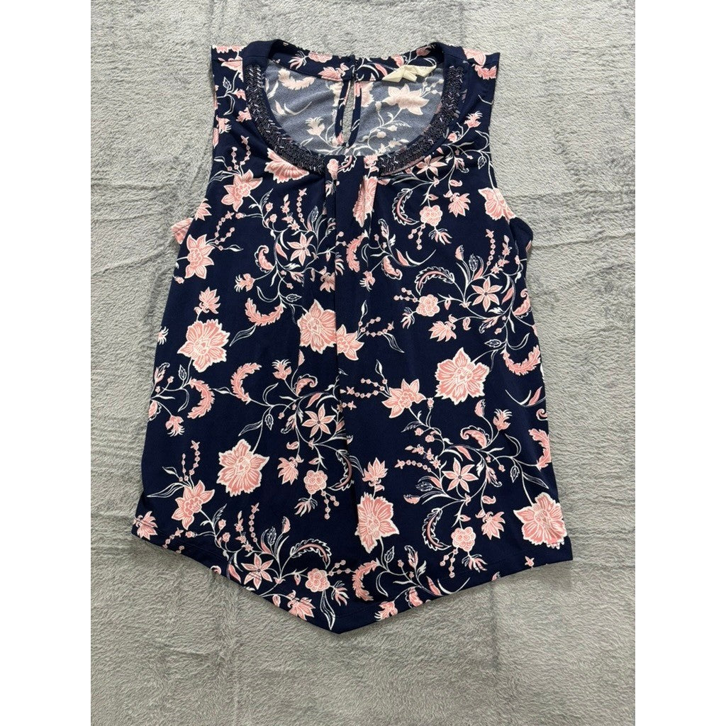 Magnolia Grace Floral Tank Top Womens L Navy Pink Beaded Neck Blouse