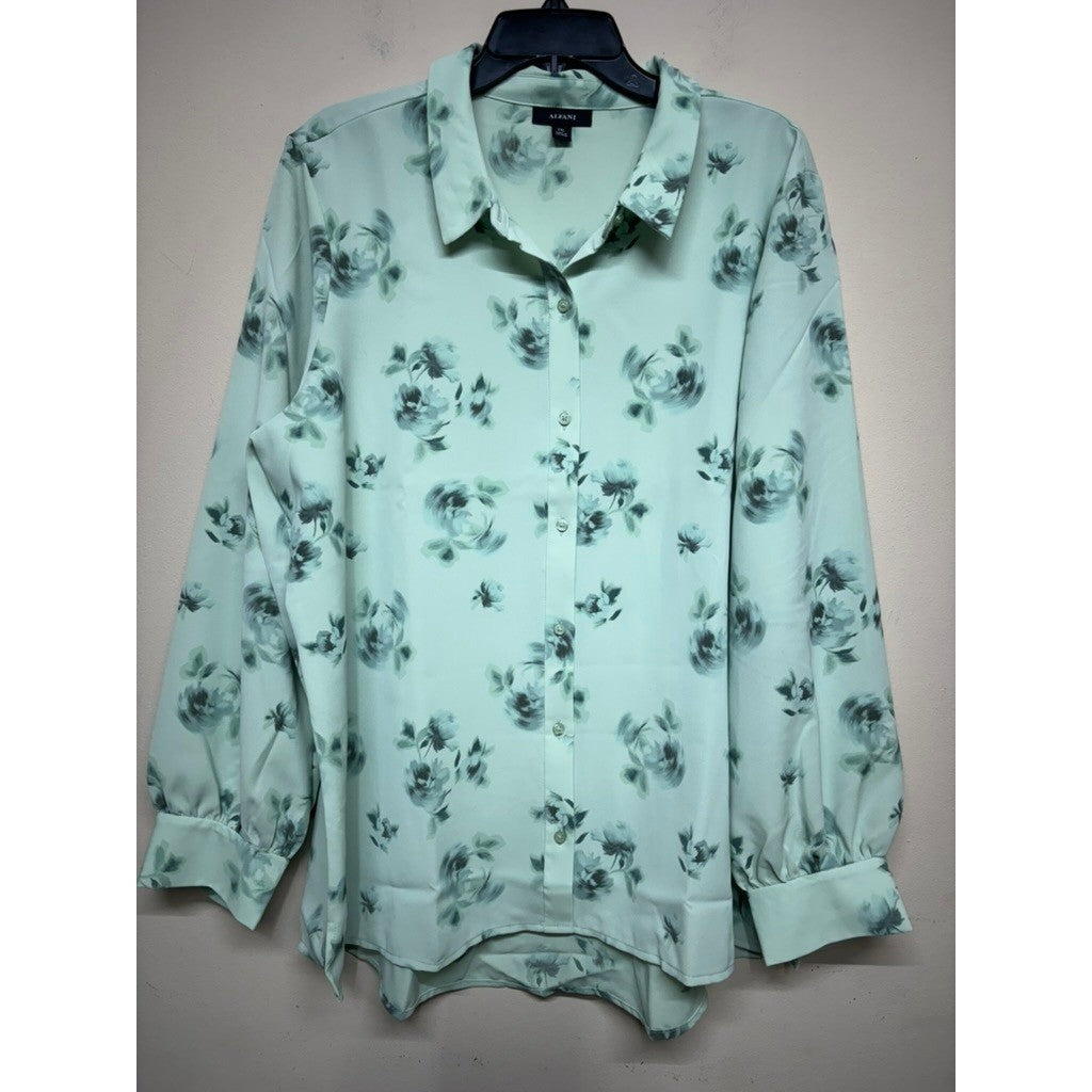 Alfani Floral Button Front Blouse XXL Mint Green Long Sleeve Work Office Top