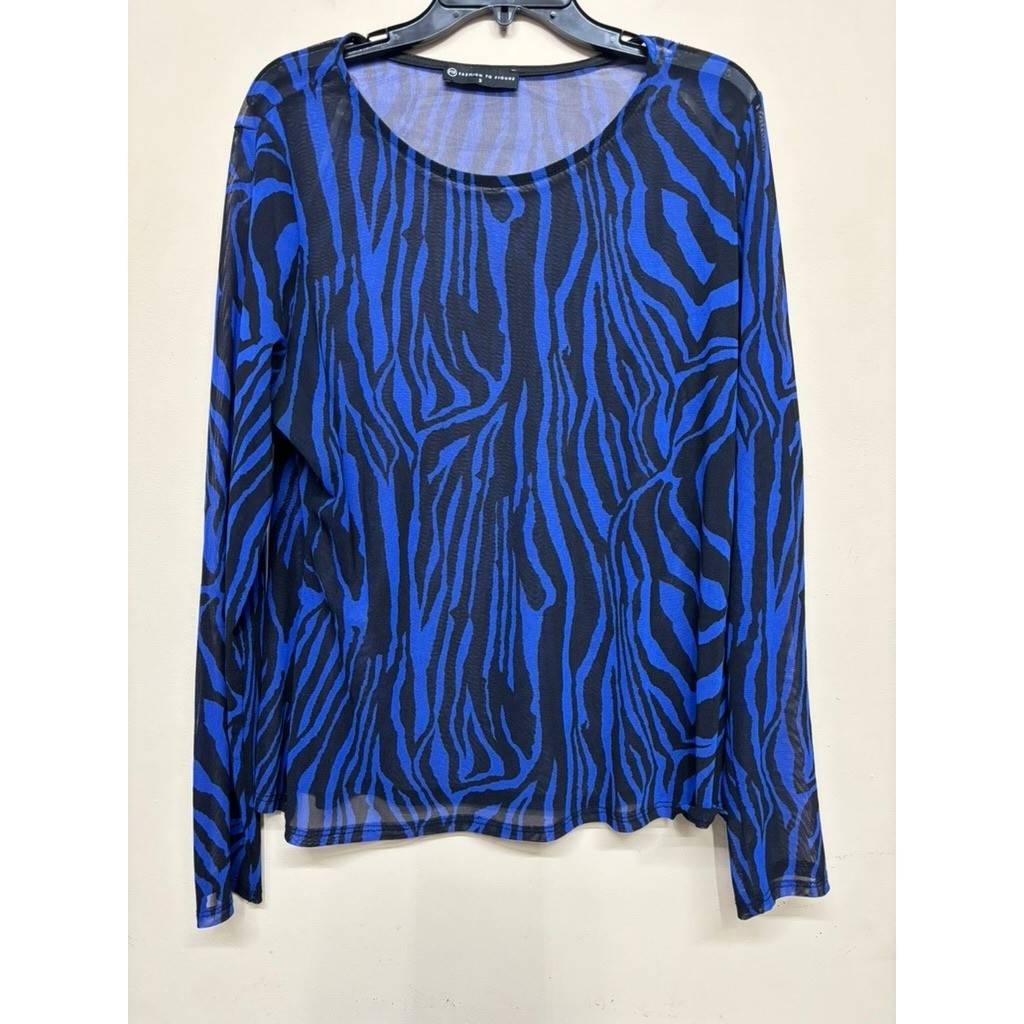 Fashion to Figure Blue Black Zebra Animal Print Sheer Long Sleeve Top Size 2 2x