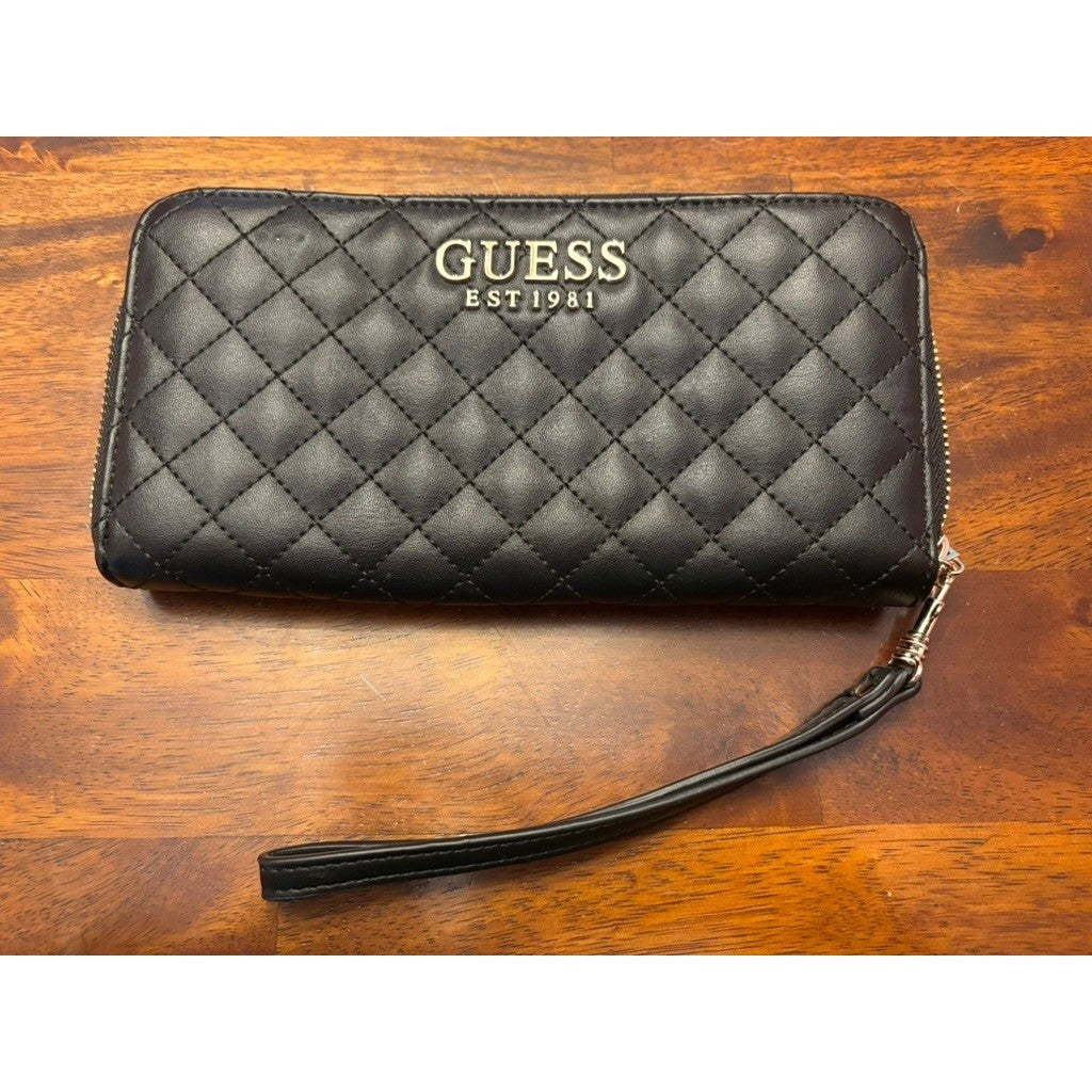 Guess Black Quilted Zip Wallet Wristlet Est 1981 Logo Organizer