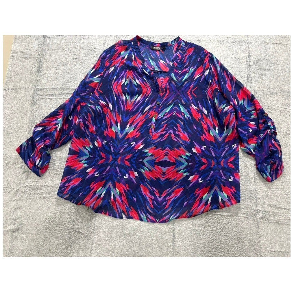 a.n.a A New Approach Blouse Womens 3X Geometric Print Roll Tab Sleeve Top