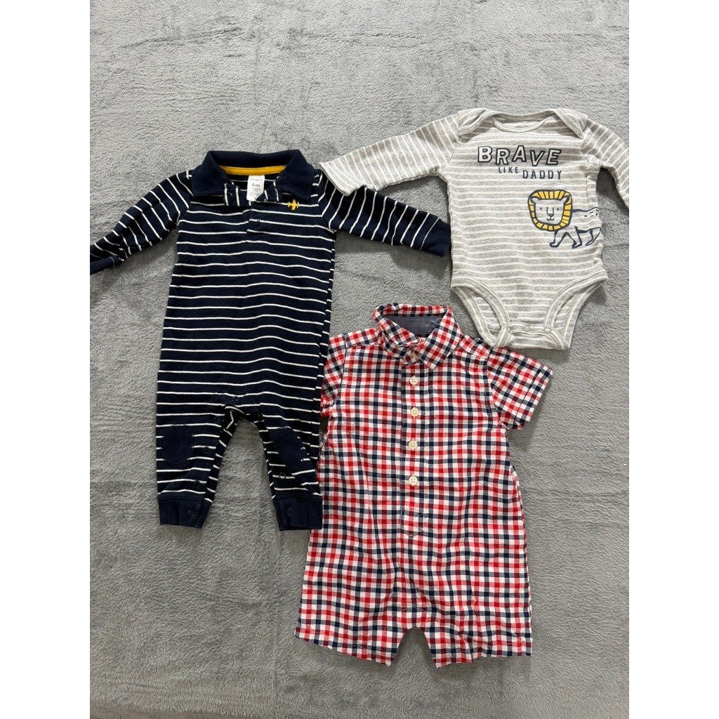 Carters OshKosh Baby Boy 6M Romper Bodysuit Lot 3pc Stripe Gingham Lion Airplane