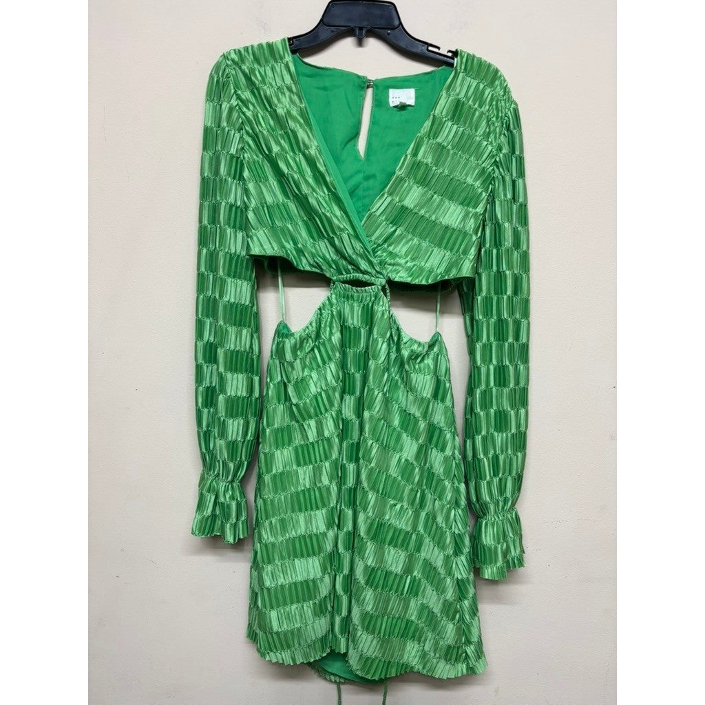 Dee Elly Green Cutout Mini Dress Long Sleeve Texture Tie Back Y2K Party Vacation
