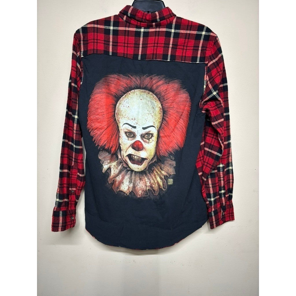 St Johns Bay Flannel Shirt Mens M Red Plaid Horror Clown Graphic Button Up