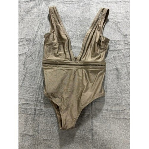 Ted Baker One Piece Swimsuit Metallic Gold Plunge Cutout Luxe Swim M