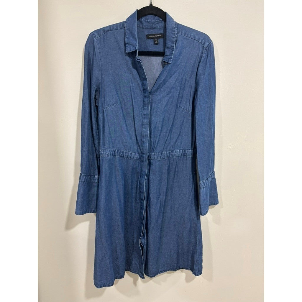 Banana Republic Chambray Shirt Dress 8 Tall Blue Lyocell Collared Modest Classic