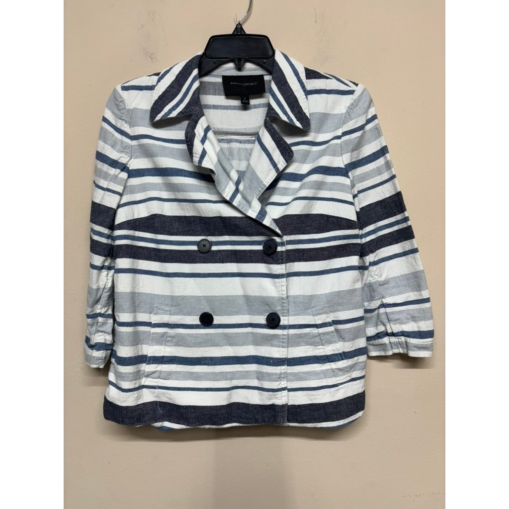 Banana Republic Striped Double Breasted Jacket Linen Blend Blue White Women's S