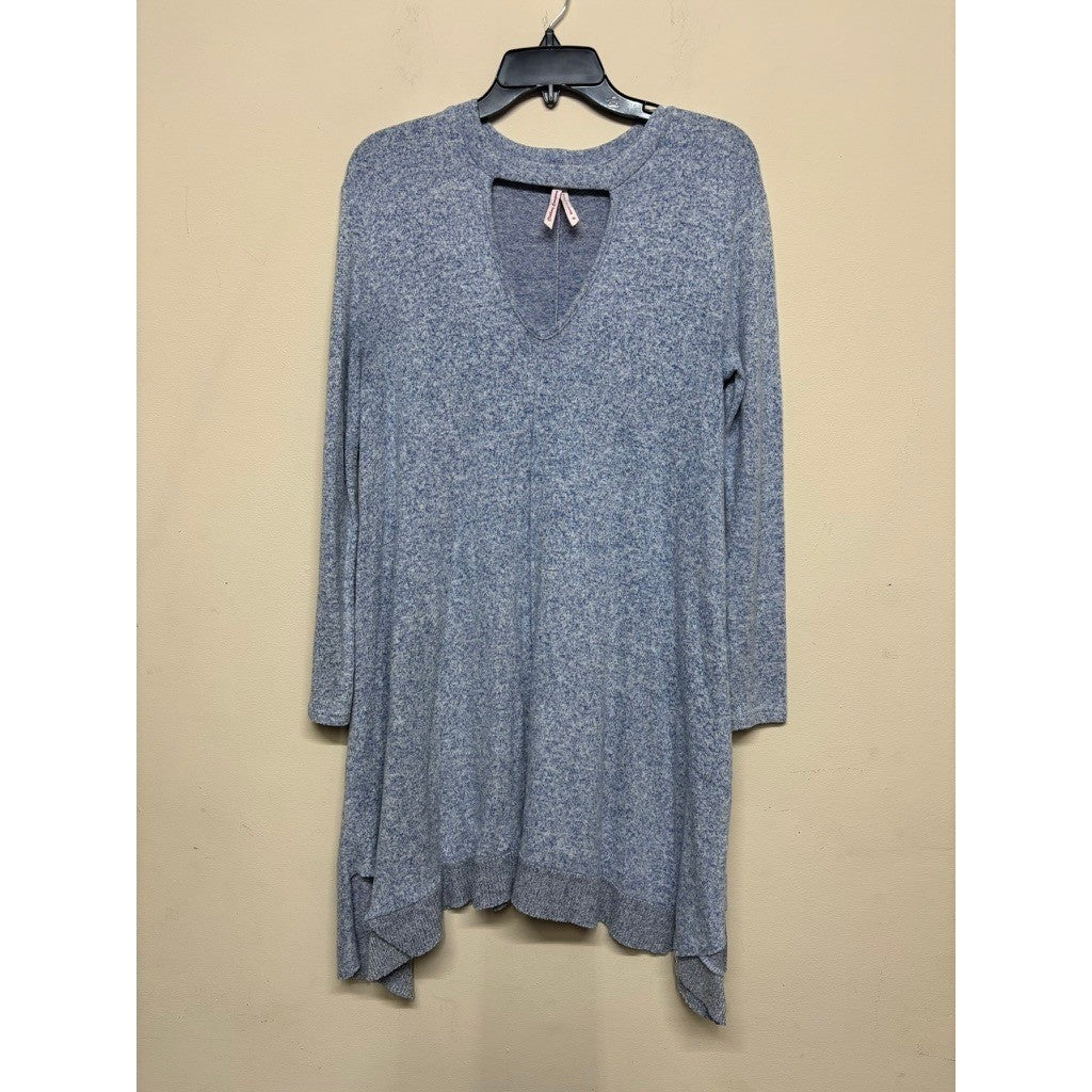 Poof! Blue Marled Asymmetrical Hem Tunic Top Dress Size Medium Long Sleeve
