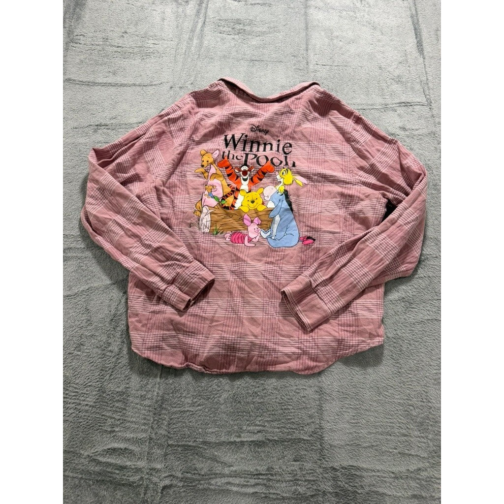 Disney Winnie the Pooh Pink Plaid Flannel Button Down Shirt Back Graphic XL