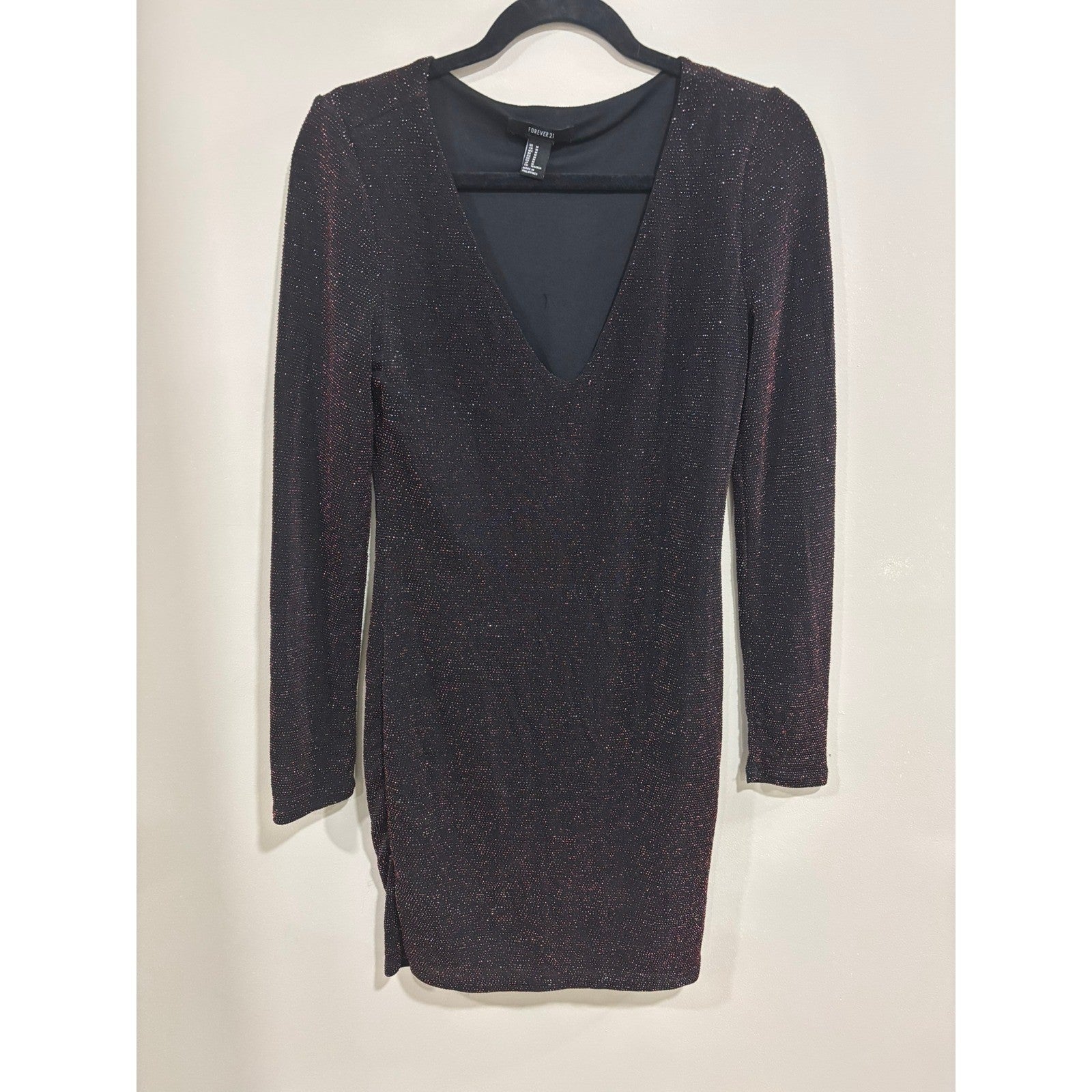 Forever 21 Bodycon Mini Dress M Black Red Metallic Glitter V Neck Party