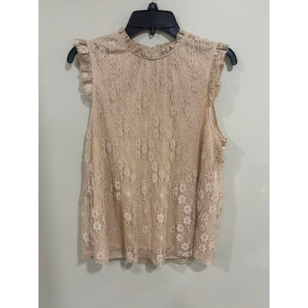 Adrianna Papell Lace Blouse L Beige Romantic Ruffle Sleeve Dressy Top Modest
