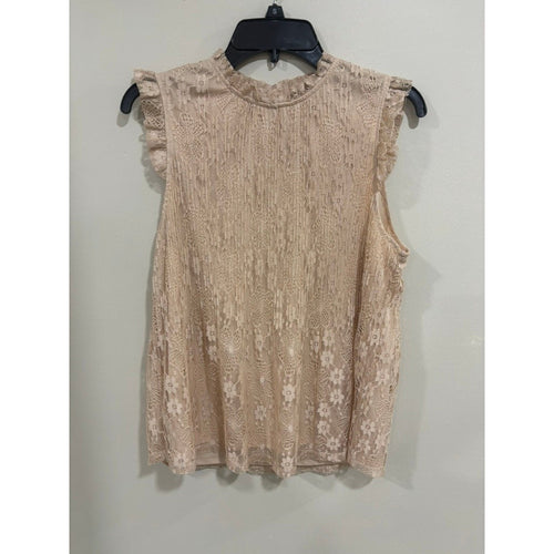 Adrianna Papell Lace Blouse L Beige Romantic Ruffle Sleeve Dressy Top Modest