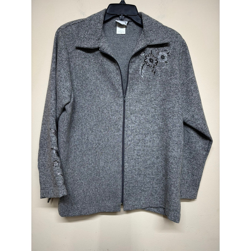 BonWorth Womens Medium Gray Zip Front Jacket Embroidered Floral Casual Office