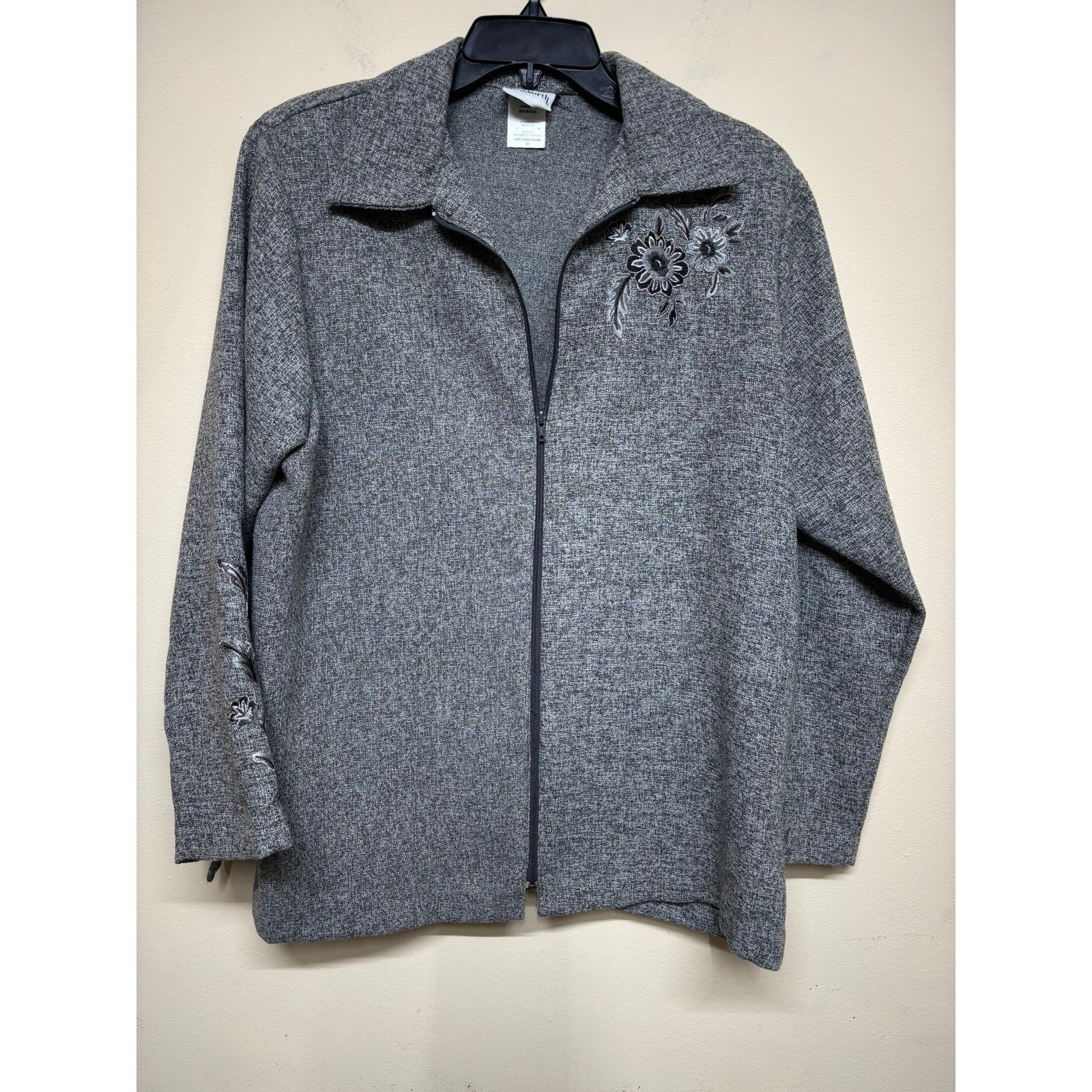 BonWorth Womens Medium Gray Zip Front Jacket Embroidered Floral Casual Office