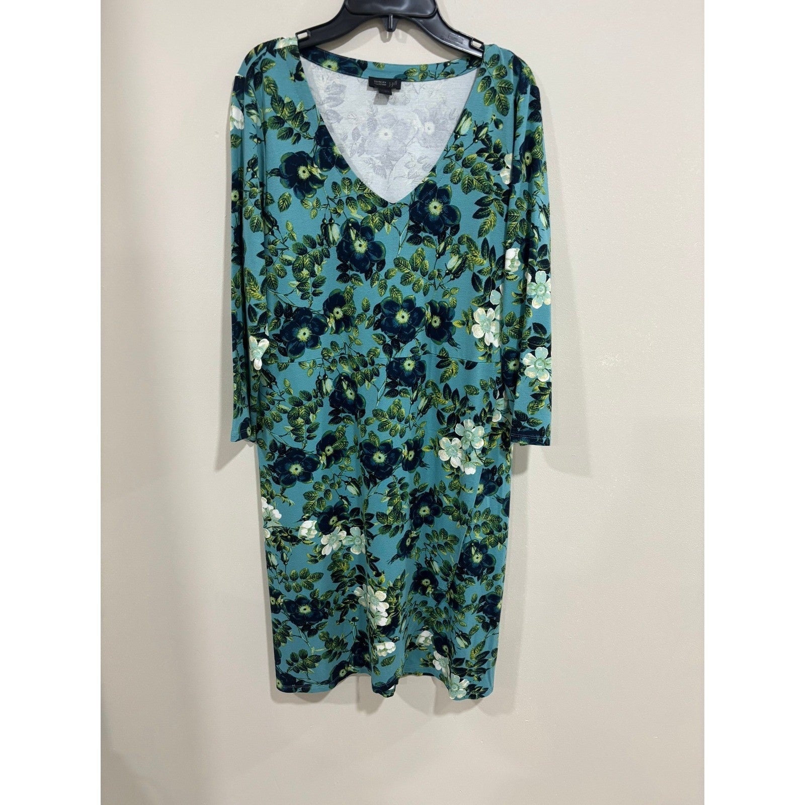 J. Jill Wearever M Teal Floral V Neck Midi Dress 3/4 Sleeve Stretch Knit Boho